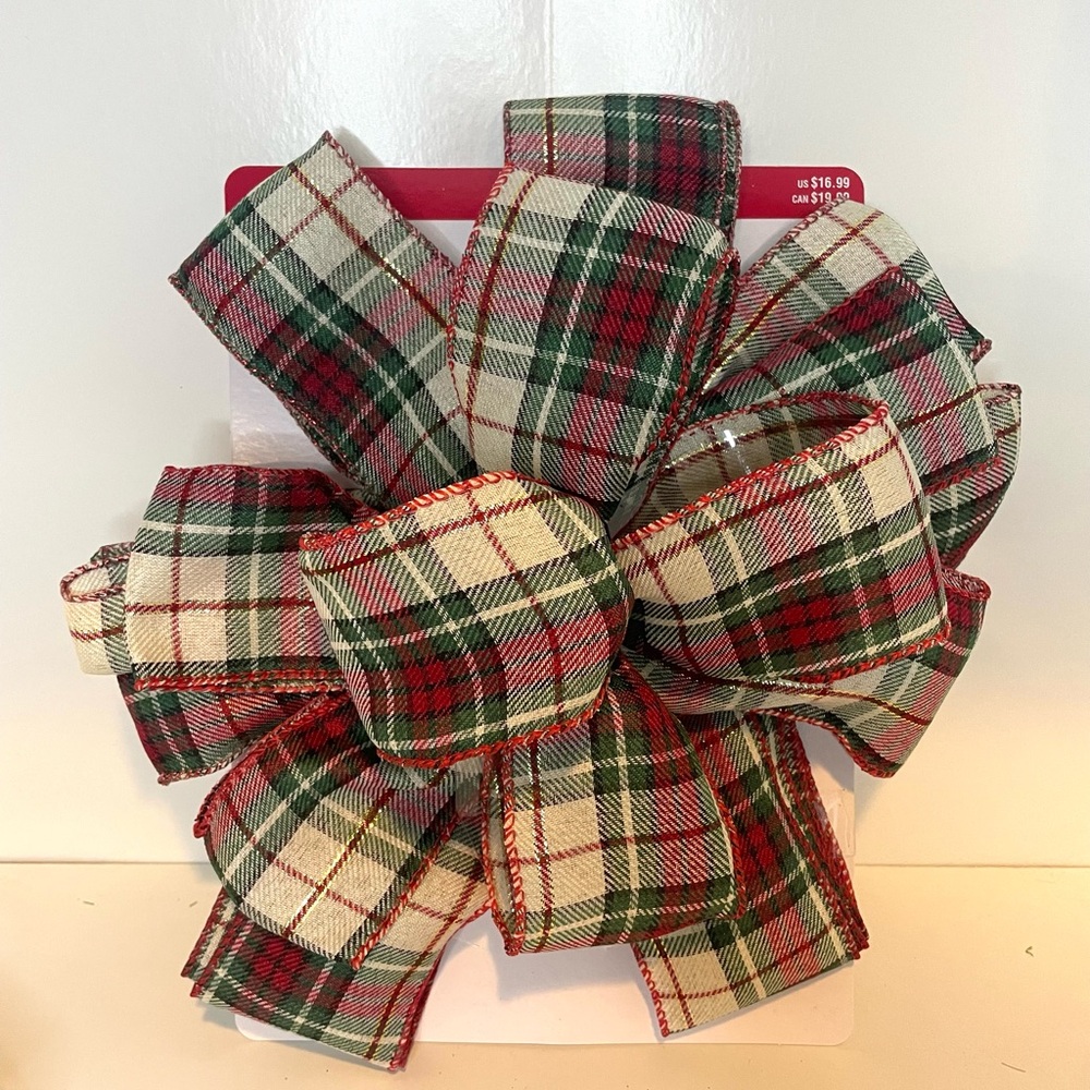 12” Christmas Holiday Festive Plaid Bow in Red, Green, and Cream,Tree topper bow